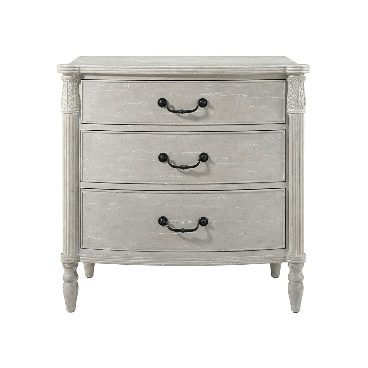 Gray nightstand, front view, three black-handled drawers.