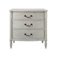 Gray nightstand, front view, three black-handled drawers.