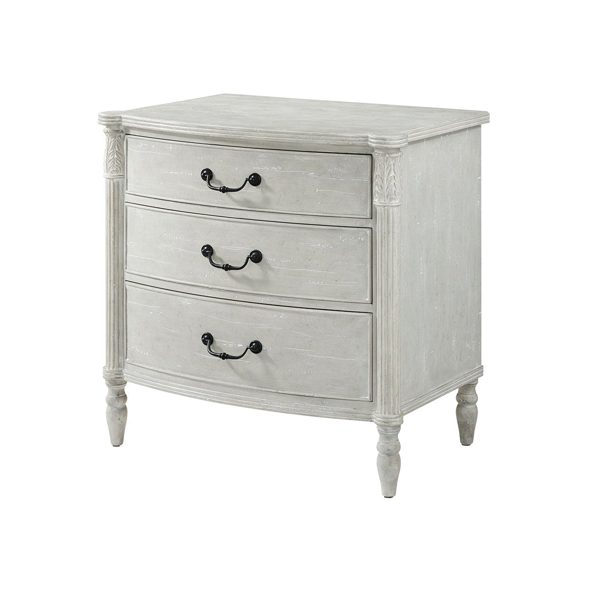 Gray nightstand with three drawers, angled front view.