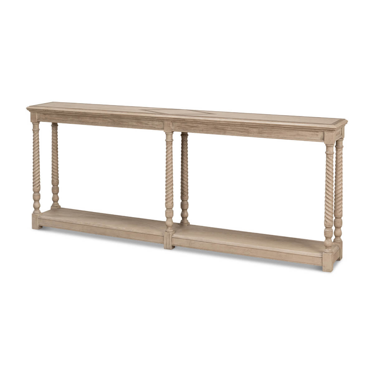 Long pine console table with detailed legs, front view.