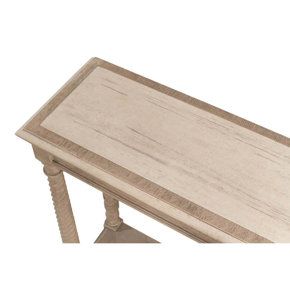Close-up of console table's simple top surface design.