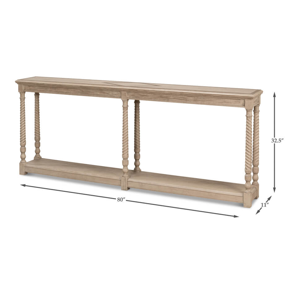 Dimensional diagram of pine console table with measurements.
