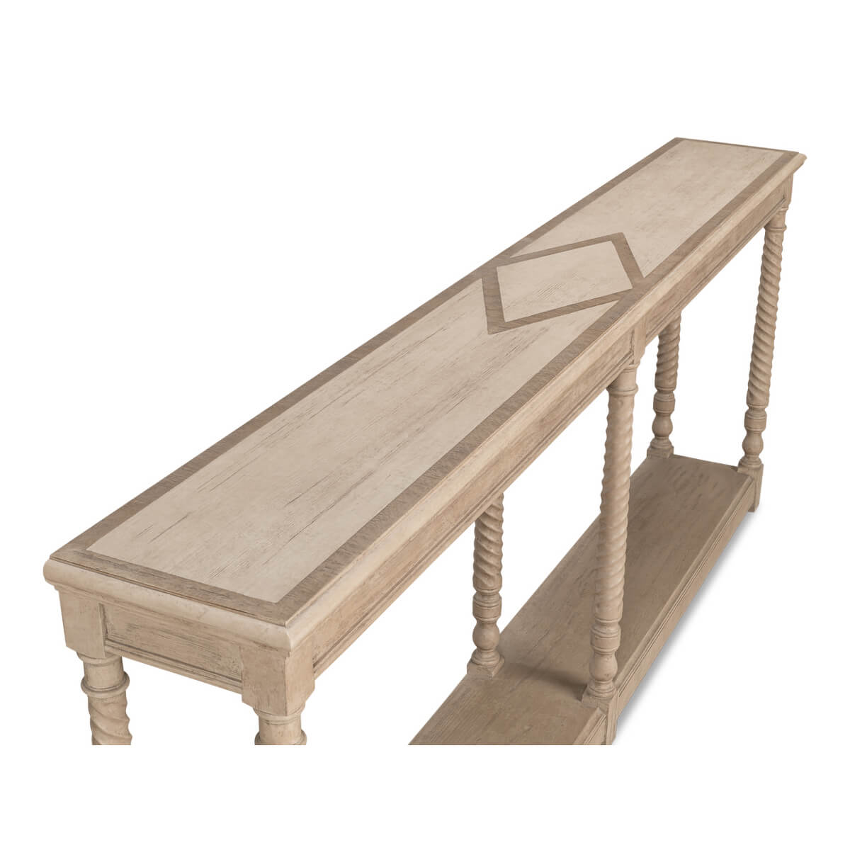 Angled top view of console table showcasing details.