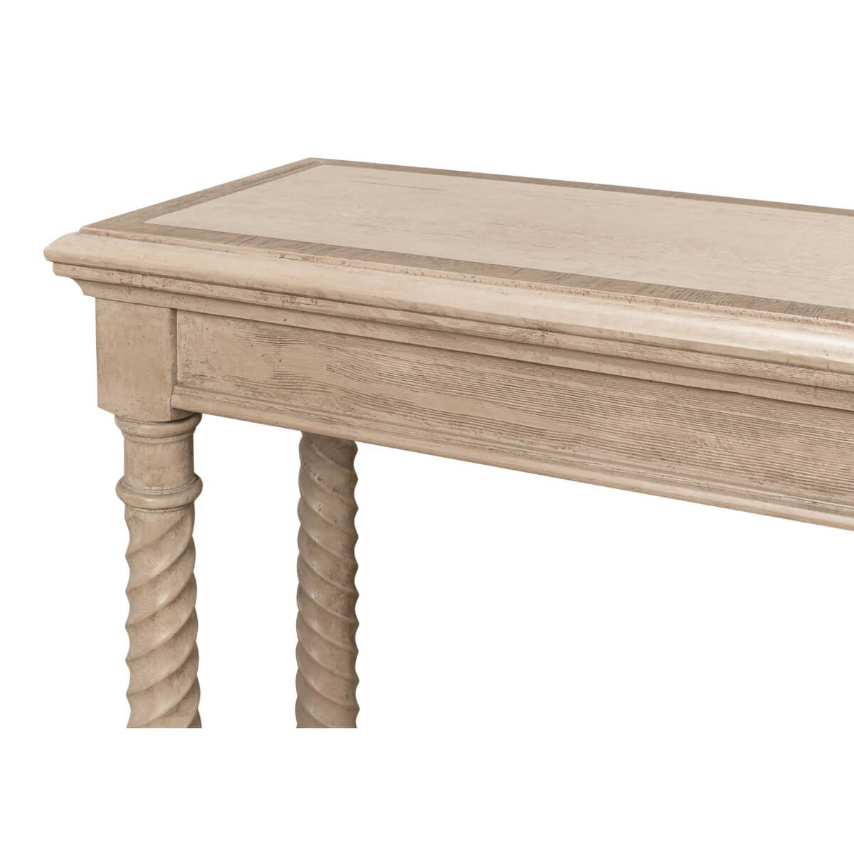 Detailed corner and leg design of pine console table.