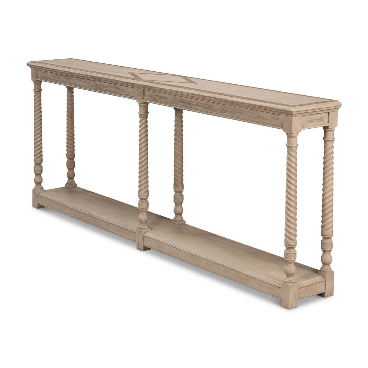 Side view of pine console table with decorative legs.