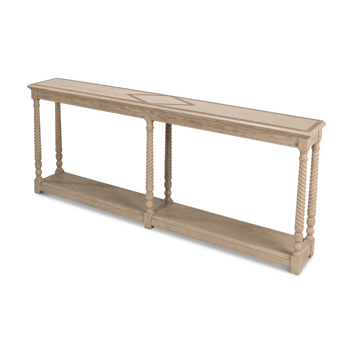 Angled view of pine console table showcasing full design.