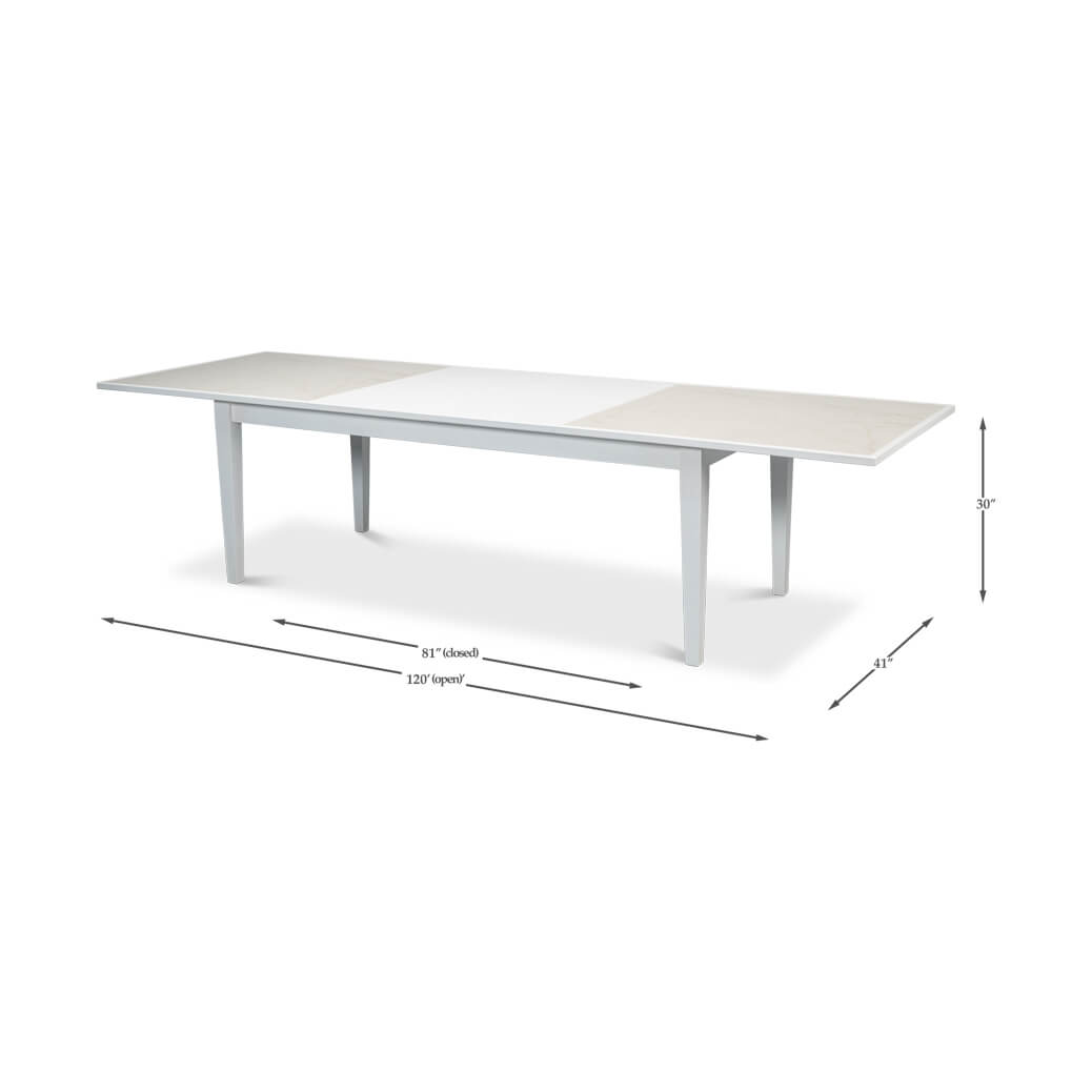 Dimensions overlay on extended white dining table.