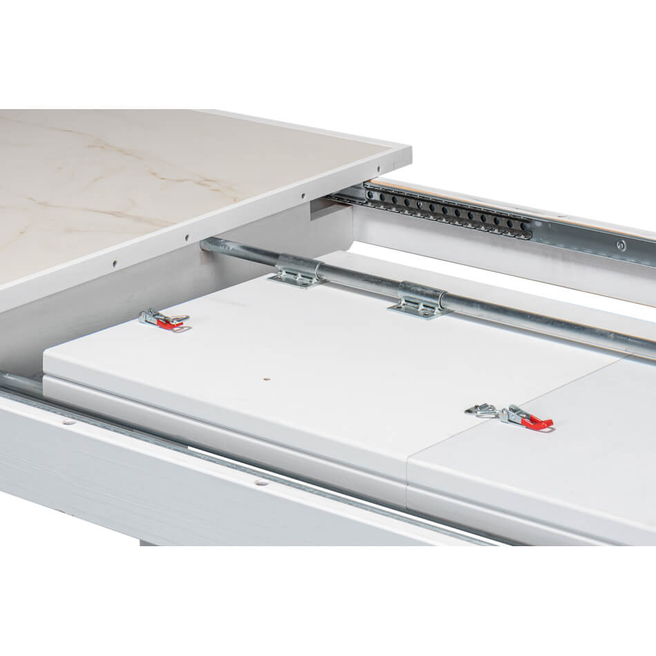Detailed view of extension mechanism, white dining table.