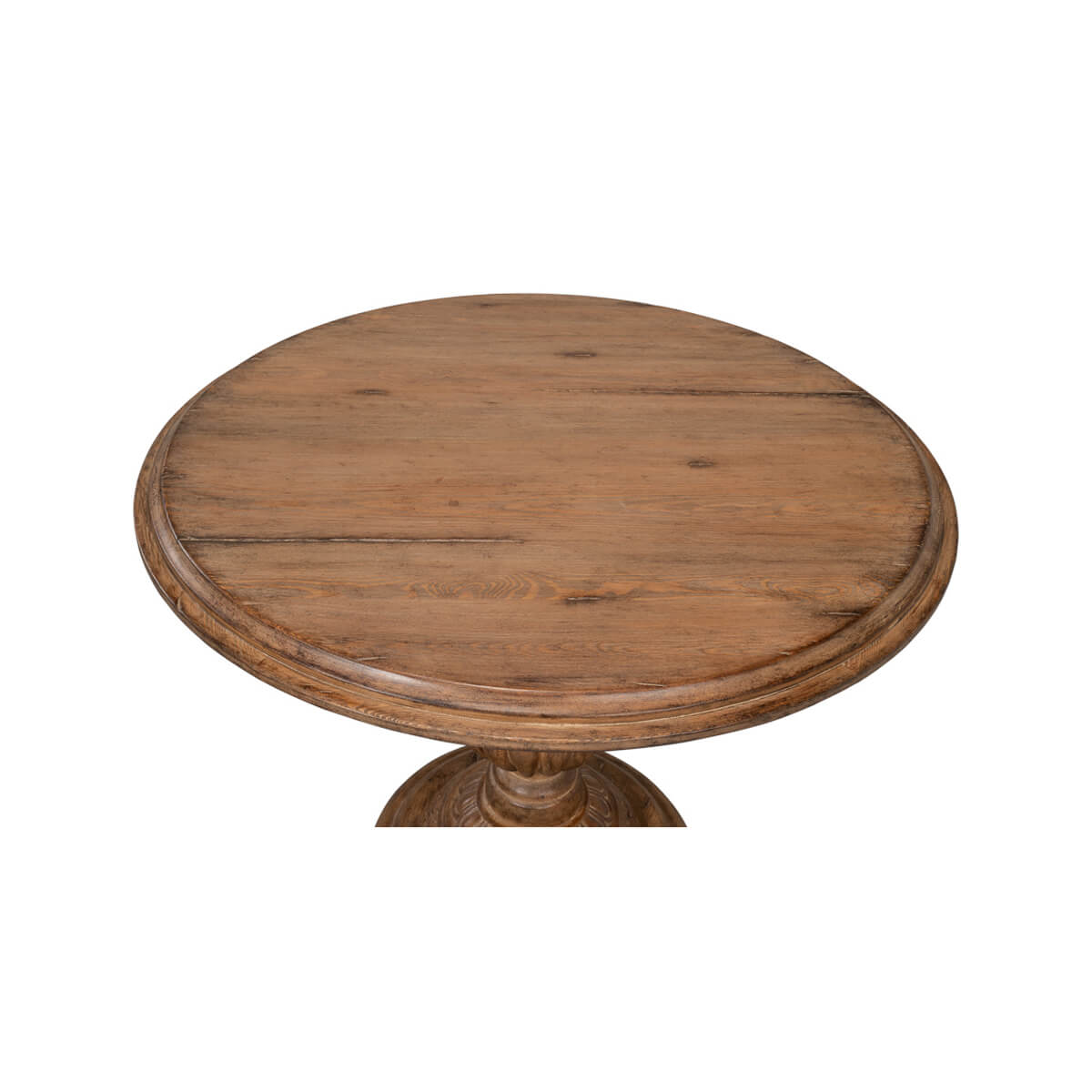 Close-up of round tabletop, detailed wood grain.