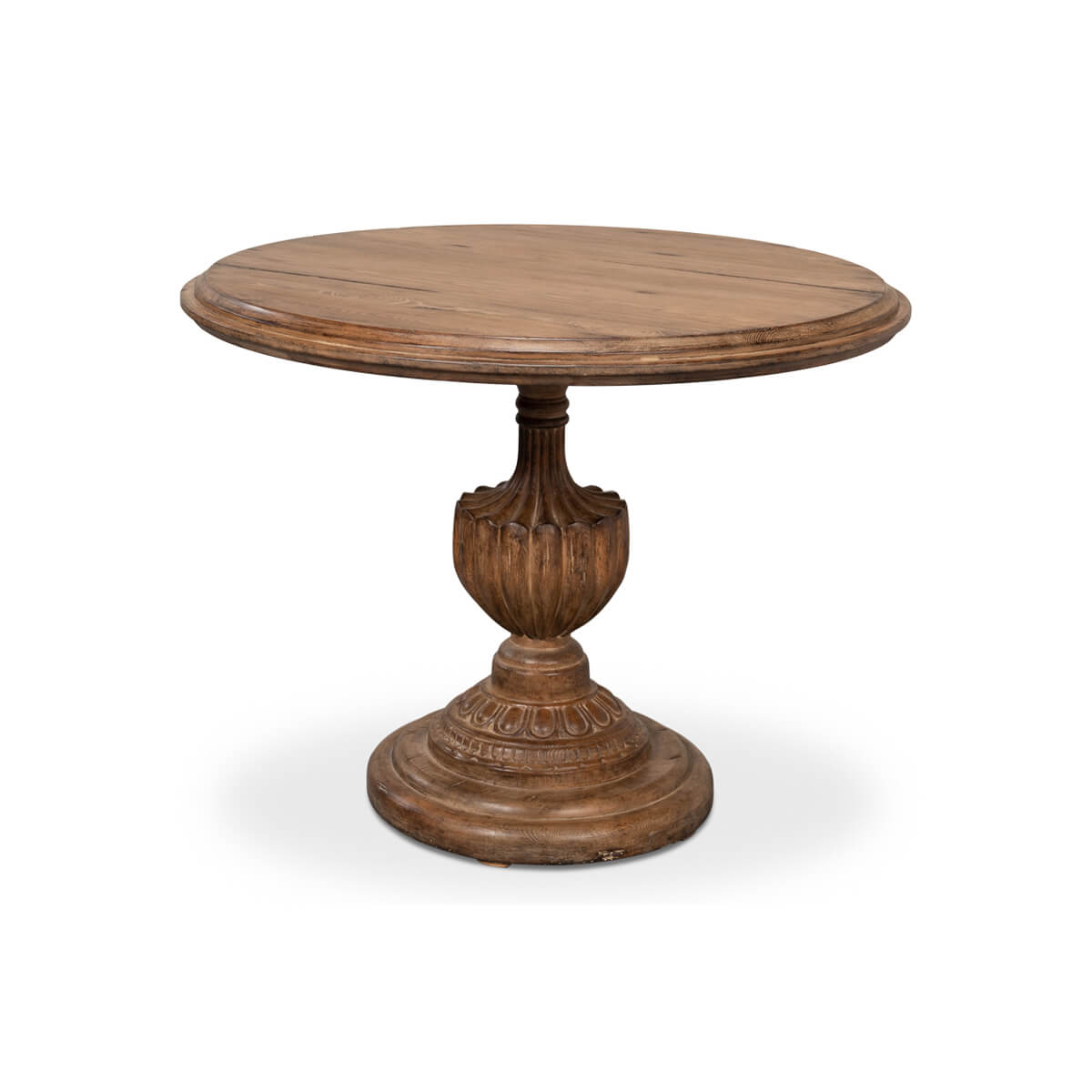 Rustic round bistro table front view, wood finish.