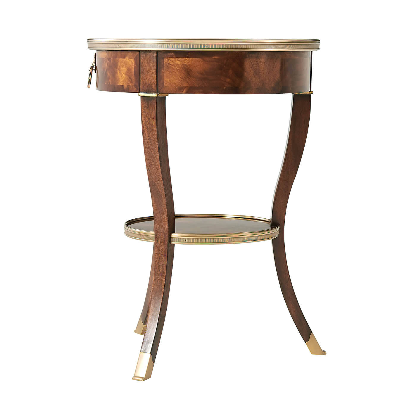 Neo Classic round end table, side angle view.