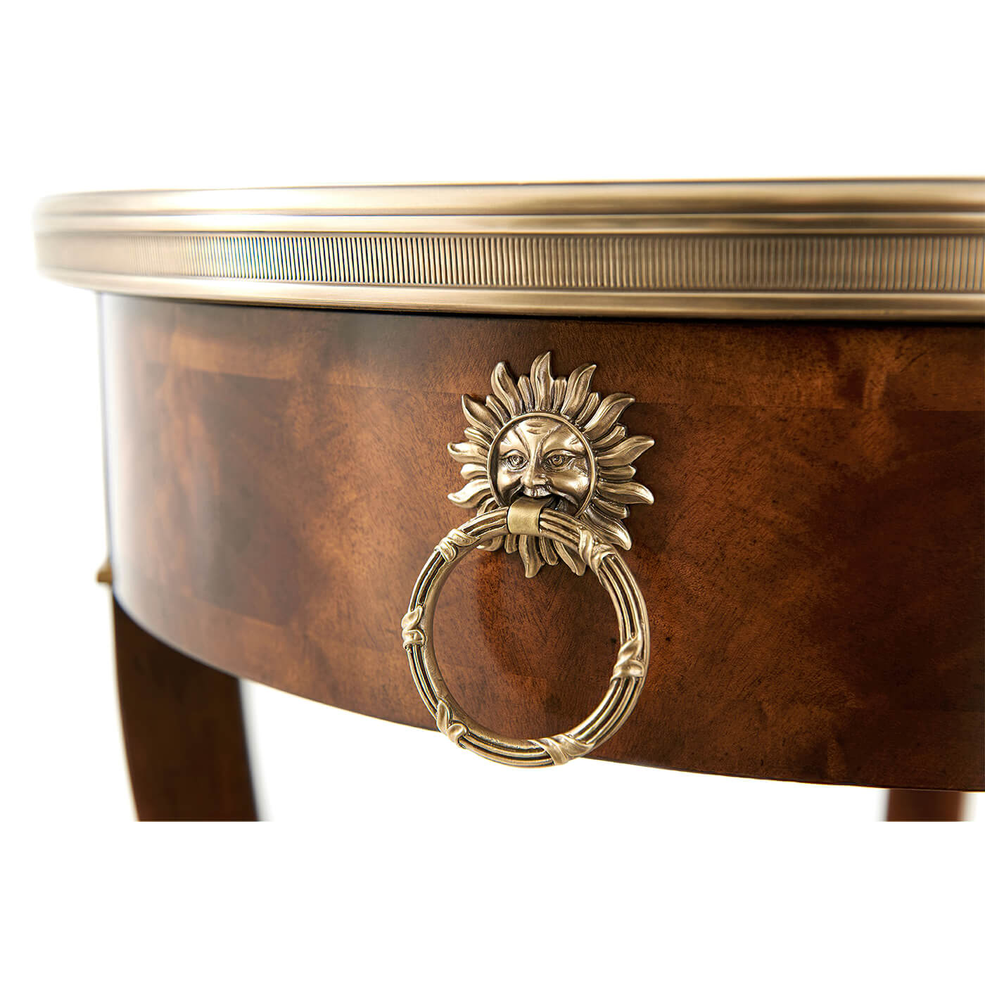 Close-up of ornate handle on Neo Classic round end table.