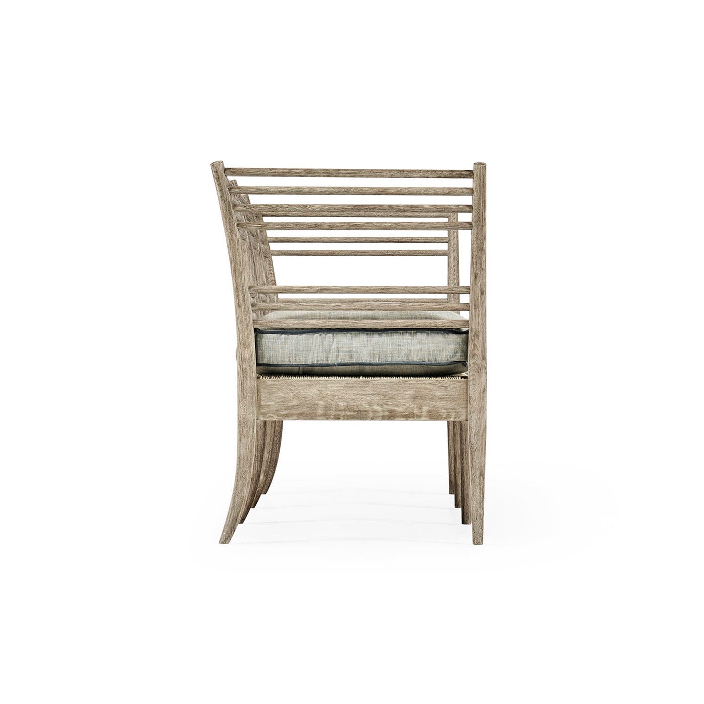 Left side view of bench, features cushion and slats.