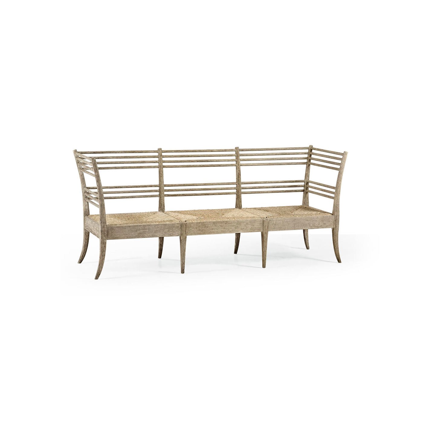 Three-quarter view of Gustavian wood bench without cushion.