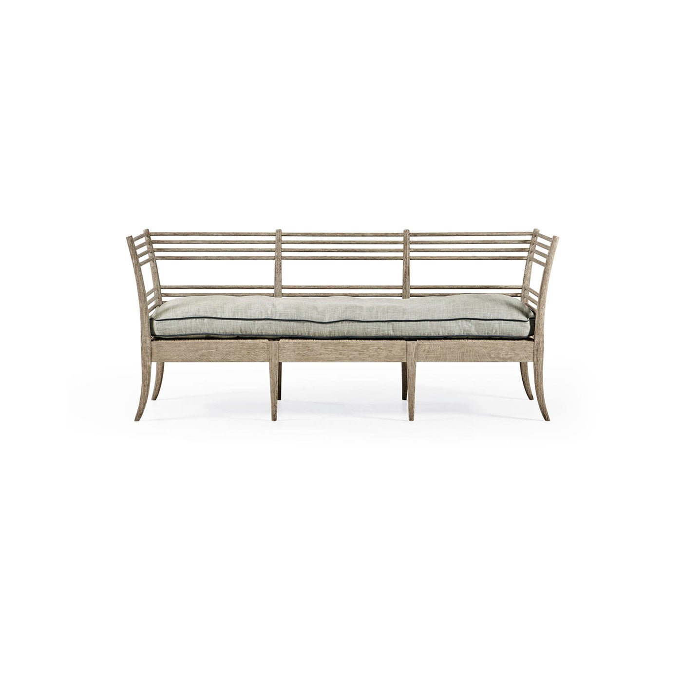 Front view of slatted wood bench sofa.