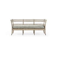 Front view of slatted wood bench sofa.