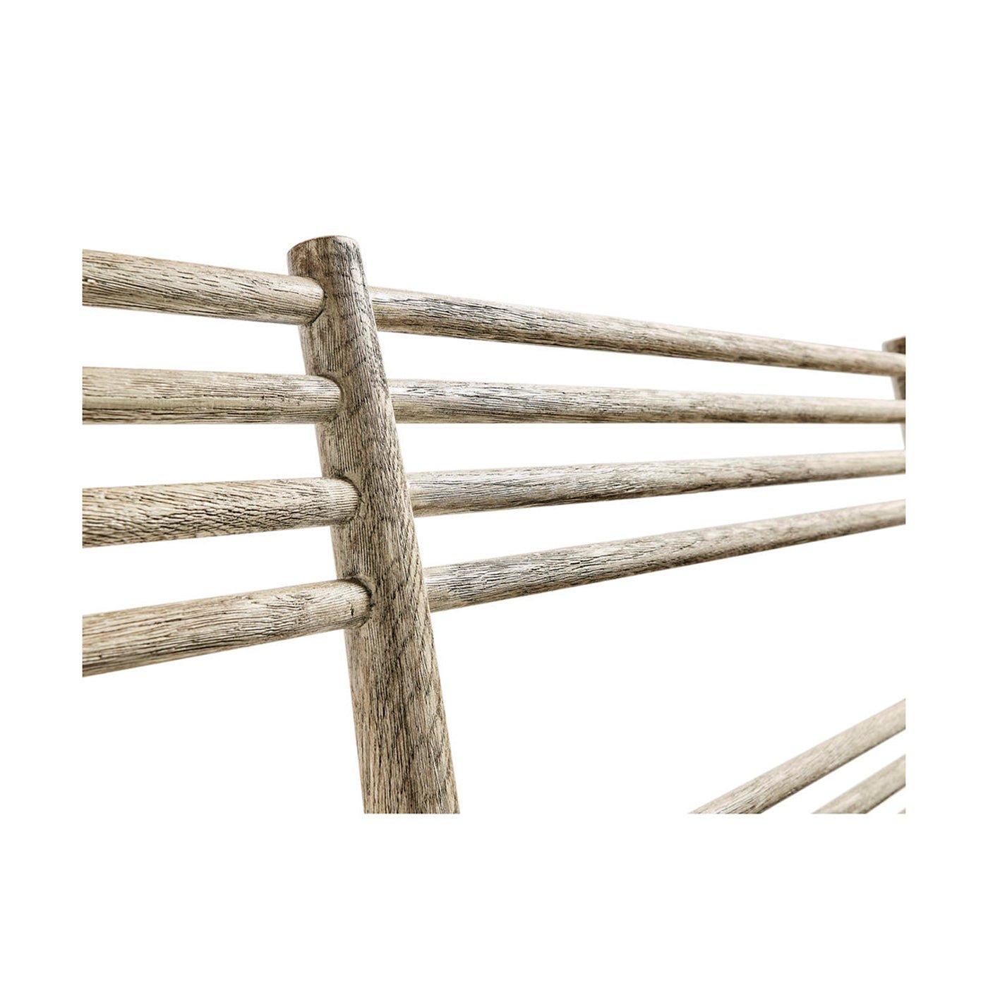 Detailed view of slatted wood bench backrest.