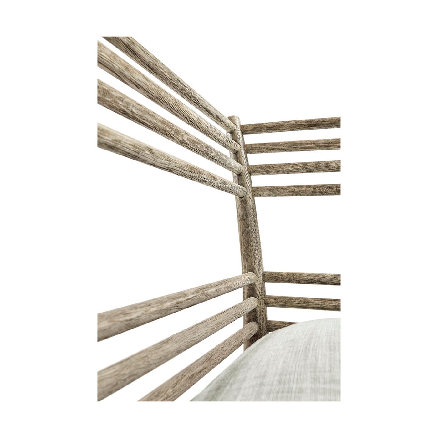 Corner view of slatted wood bench with cushion detail.
