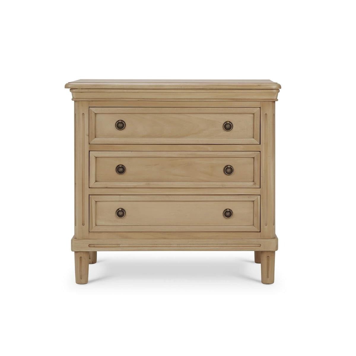 Neoclassical nightstand front view, three drawers visible.