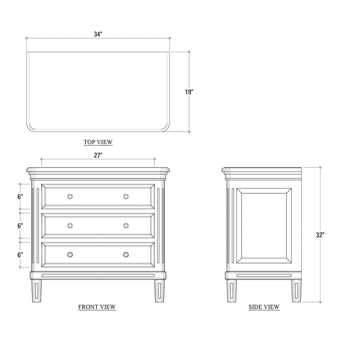 Neoclassical nightstand dimensions and multiple view illustrations.