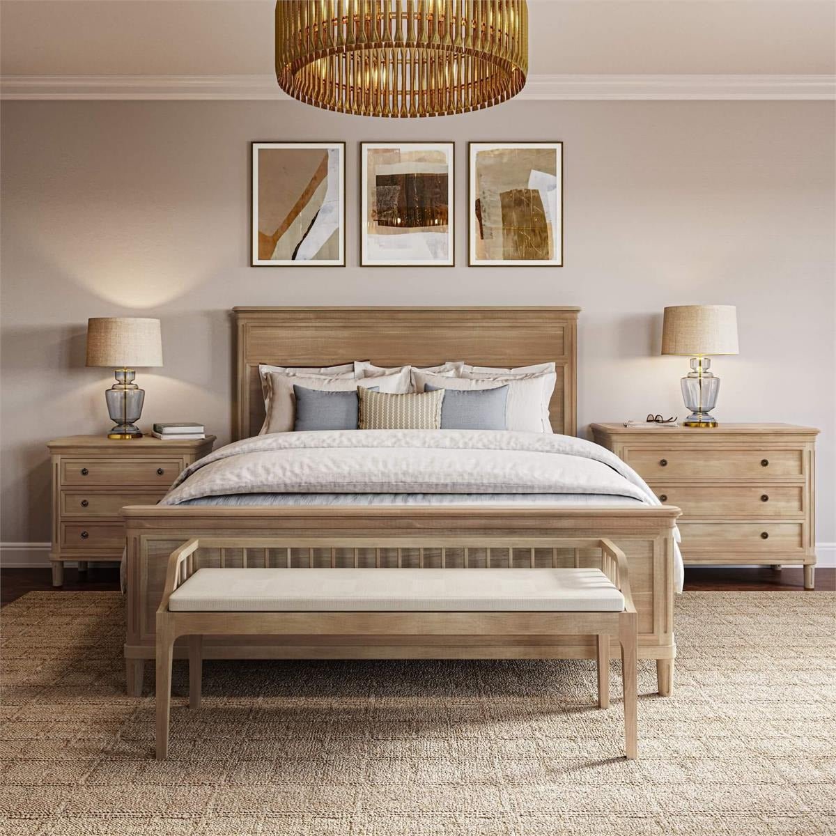Bedroom setup with neoclassical nightstands and bed.