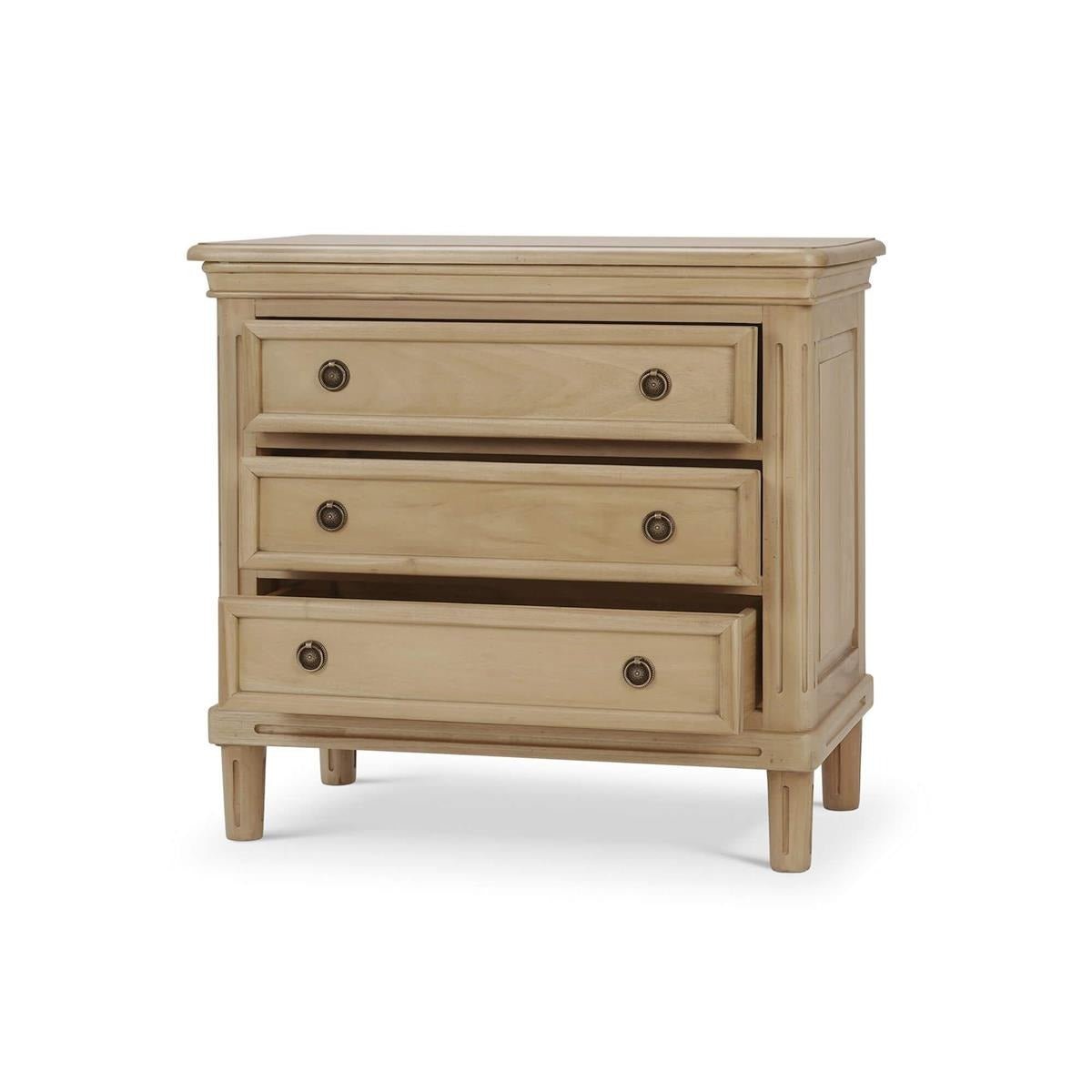 Neoclassical nightstand front view, one drawer open.