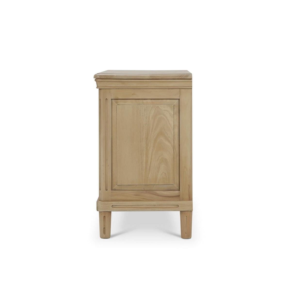 Neoclassical nightstand side view showing panel design.