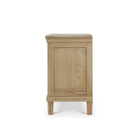 Neoclassical nightstand side view showing panel design.