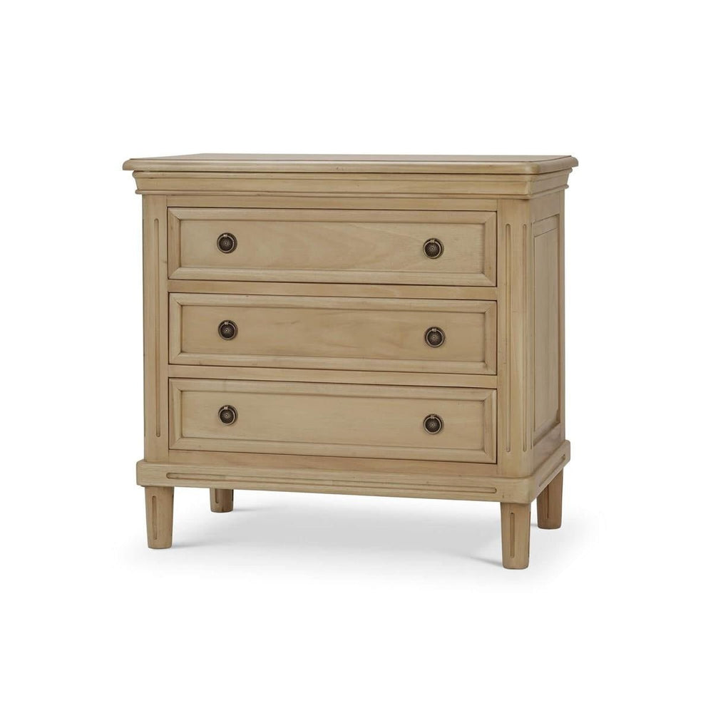 Neoclassical nightstand front view with closed drawers.