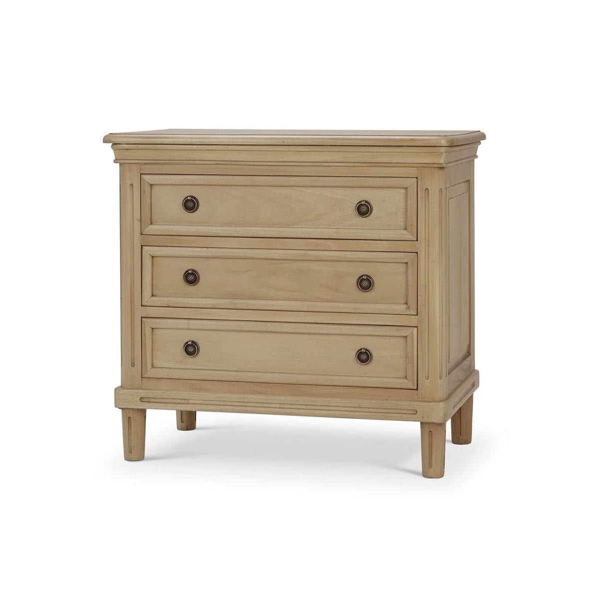 Neoclassical nightstand front view with closed drawers.