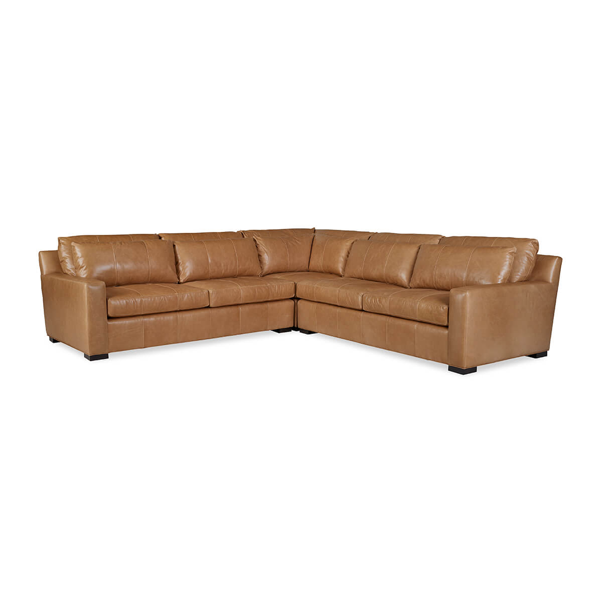 Tan leather sectional sofa front view.