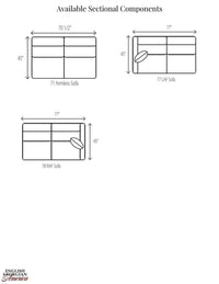 Diagram of sectional sofa components and dimensions.