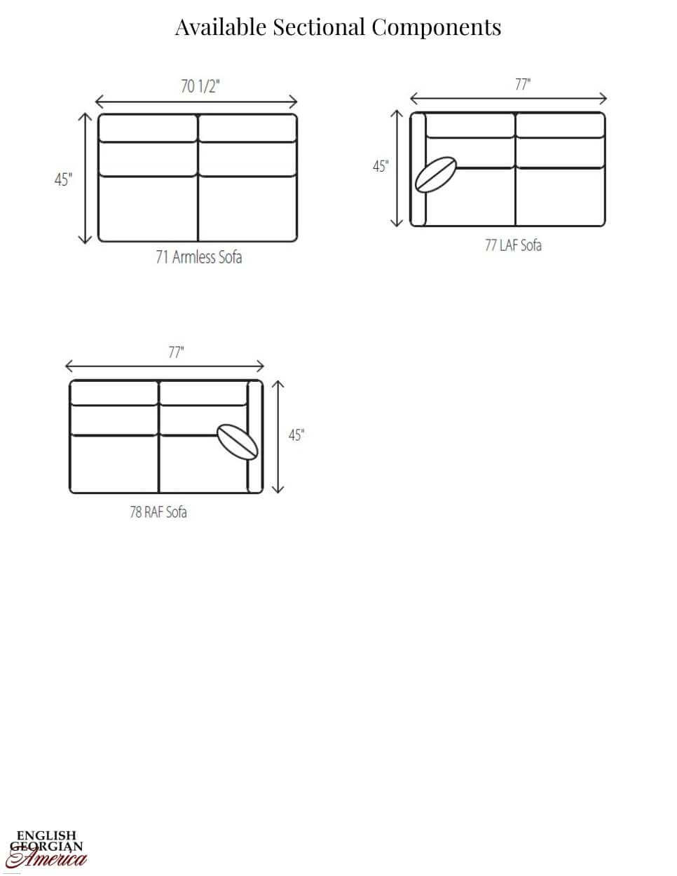 Diagram of sectional sofa components and dimensions.