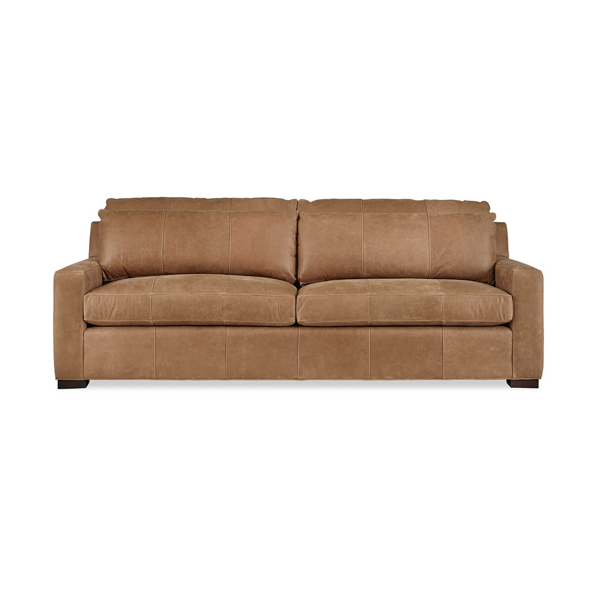 Front view of tan leather Nest Deep Custom sofa.