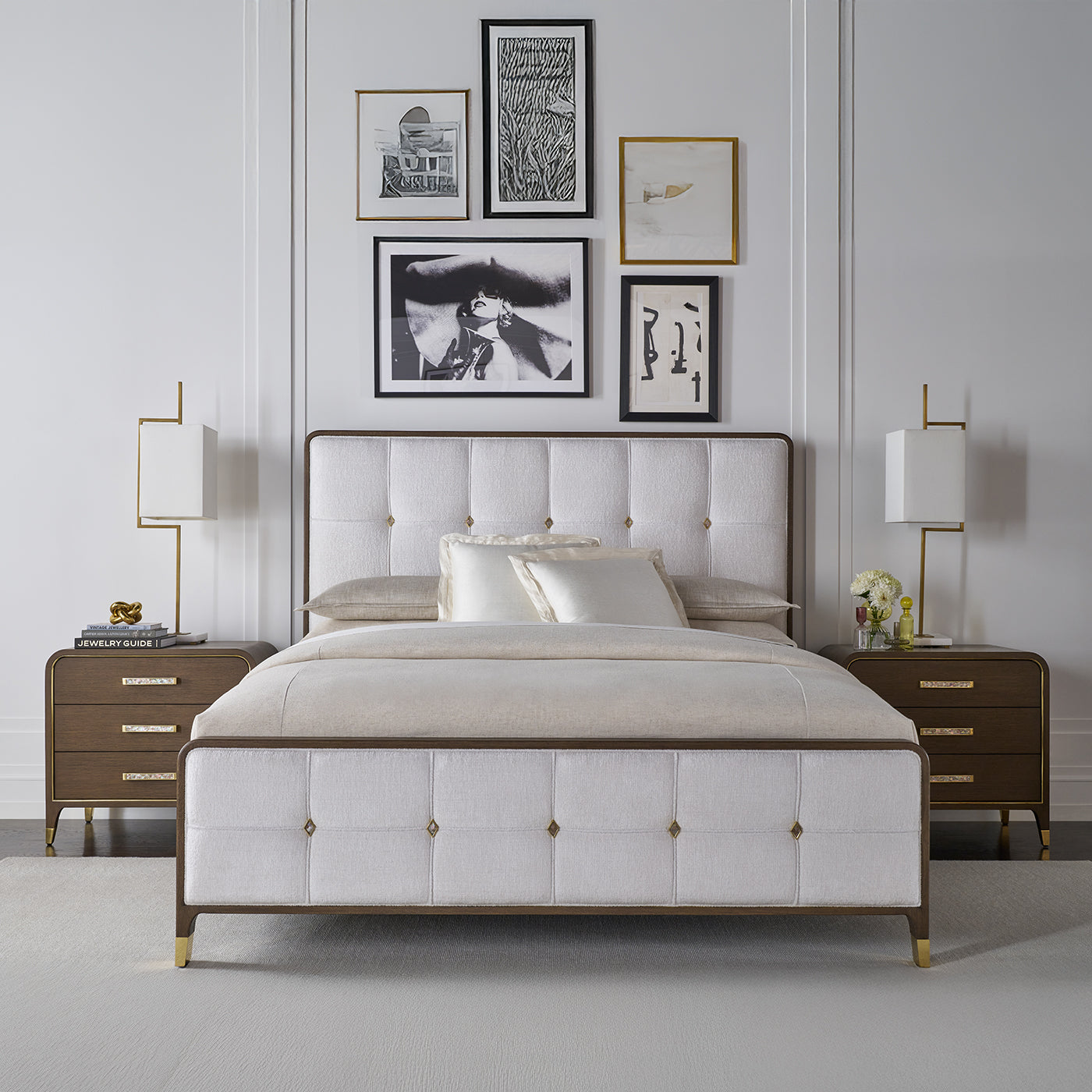 Bedroom set with nightstands and bed, Hollywood Regency design.