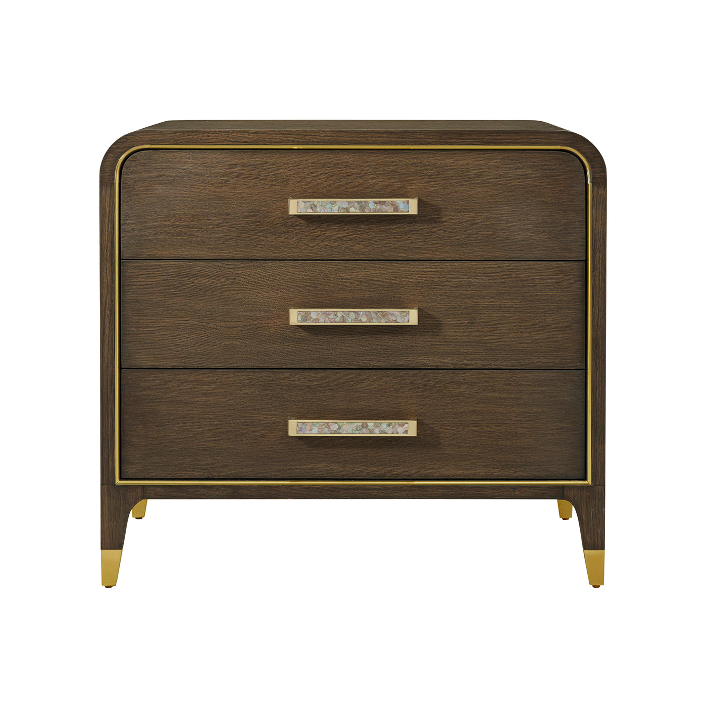 Three-drawer nightstand, gold trim, Hollywood Regency furniture.