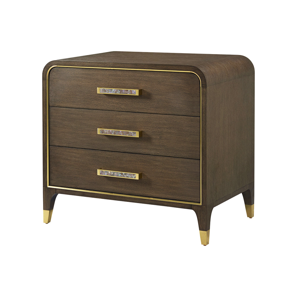 Dark wood nightstand with gold accents, Hollywood Regency style.