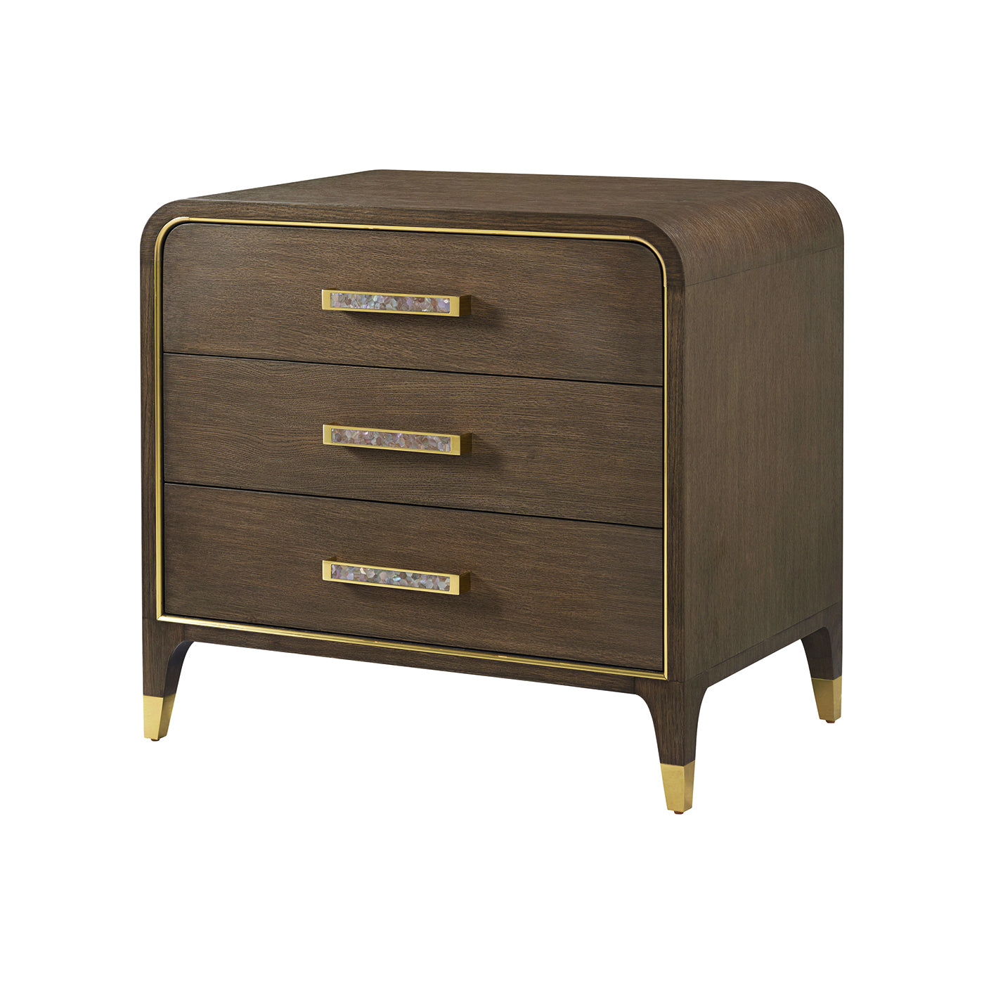 Dark wood nightstand with gold accents, Hollywood Regency style.