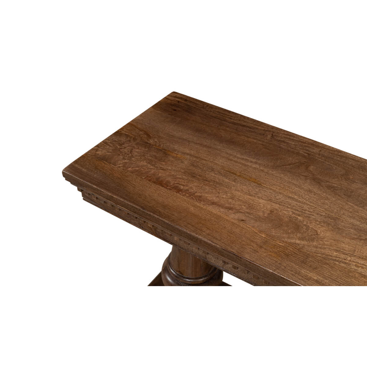 Close-up of console table wood surface, rich texture.