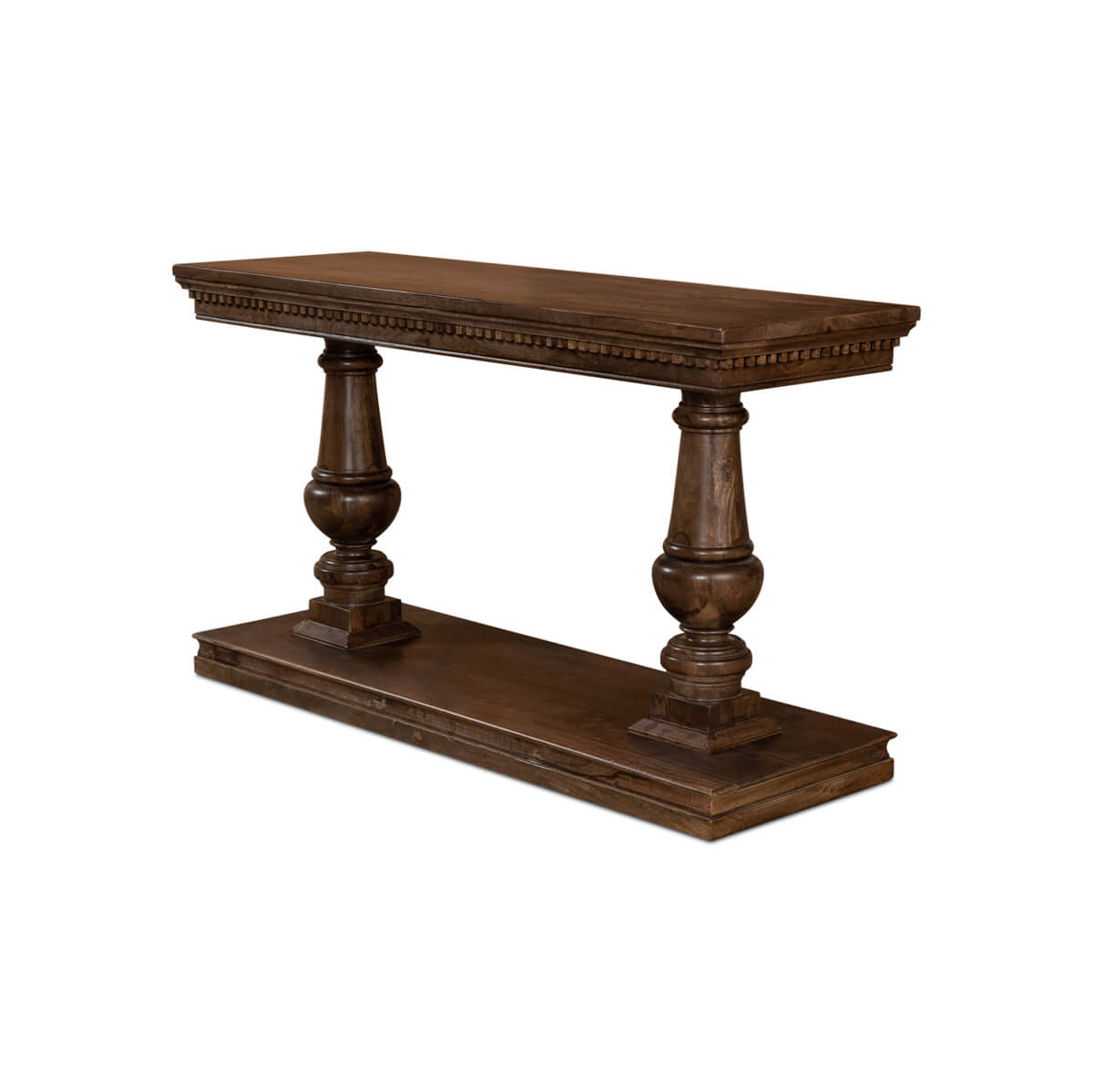 Side angle of neoclassical console table with ornate details.
