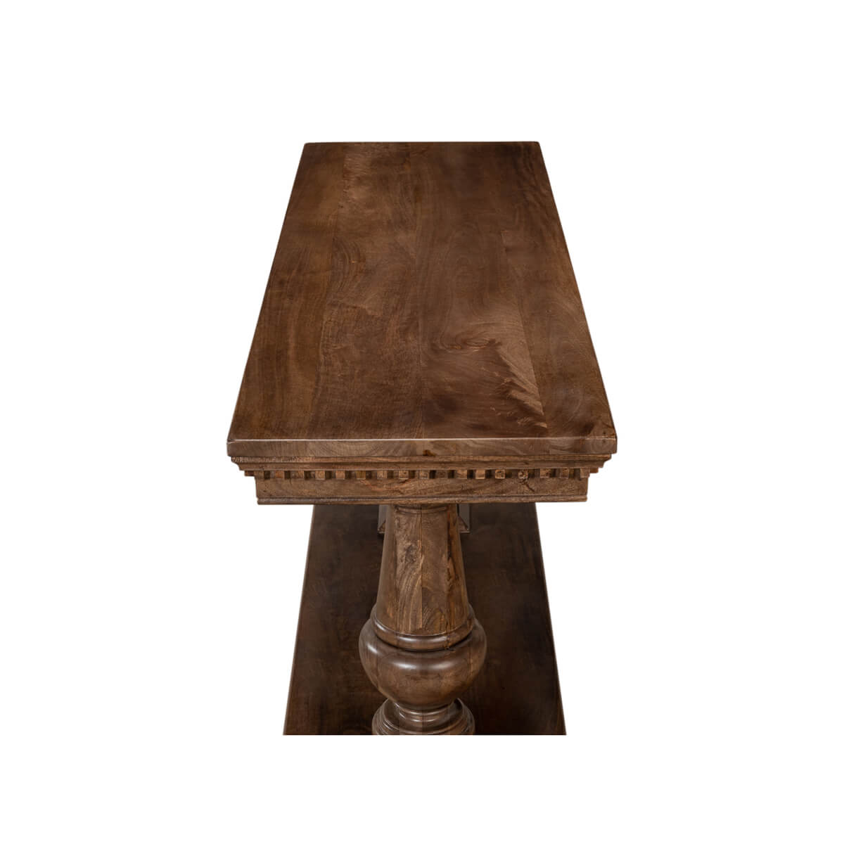 Overhead view of neoclassical console table, smooth finish.