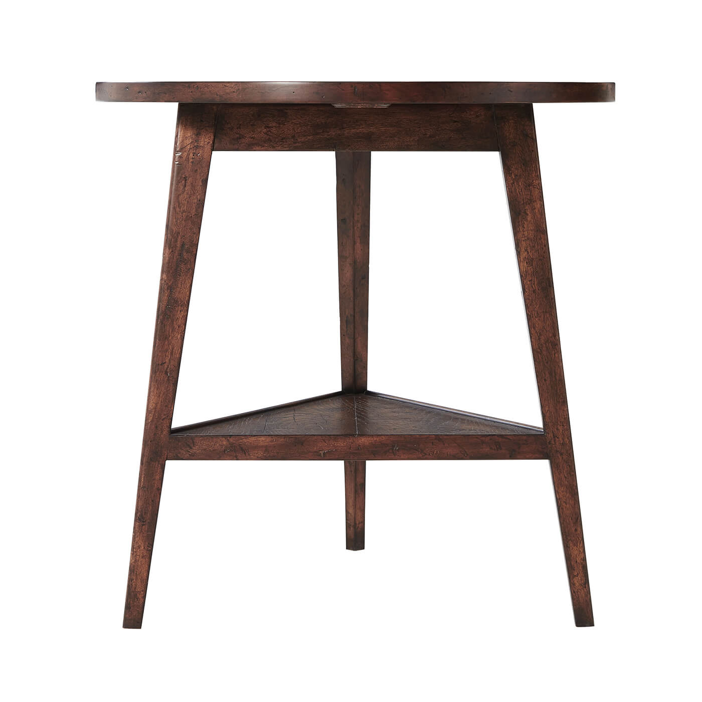 Side view of round cricket table with triangular shelf.