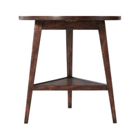 Side view of round cricket table with triangular shelf.