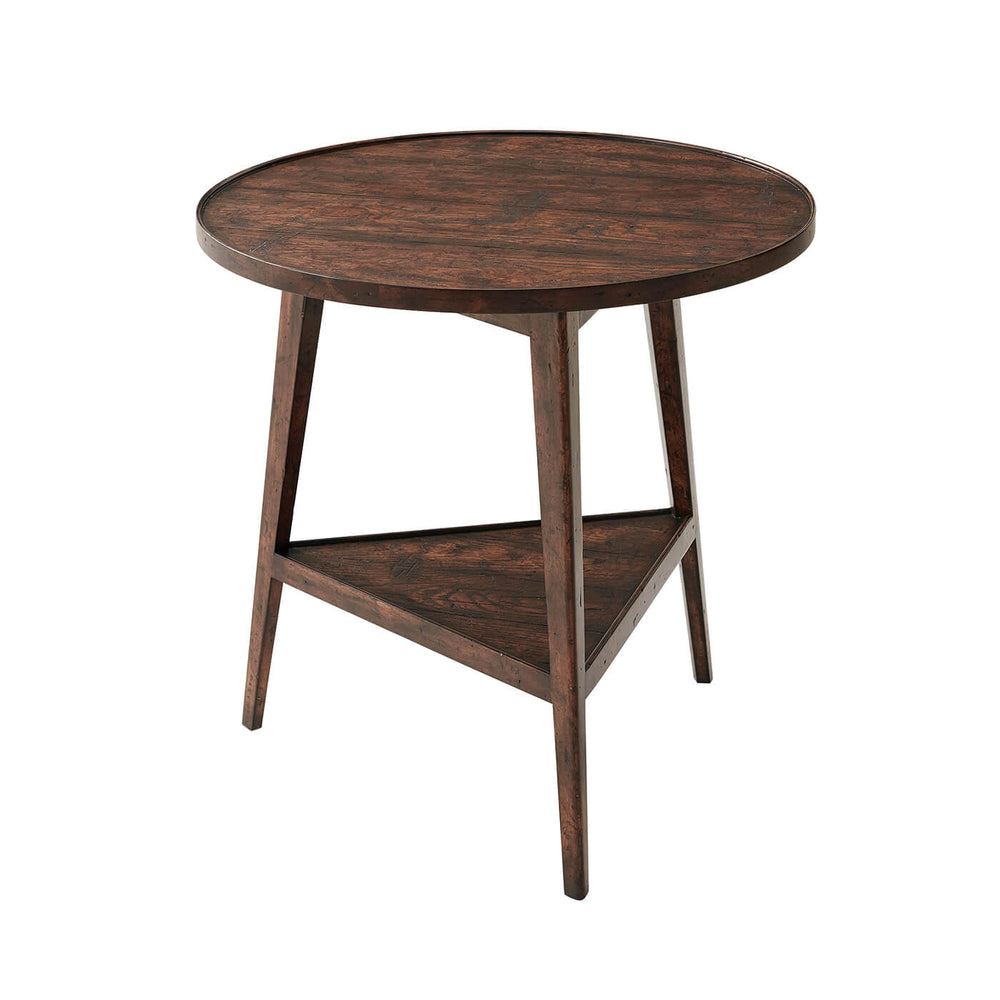 Round wooden cricket table with angled legs, front view.