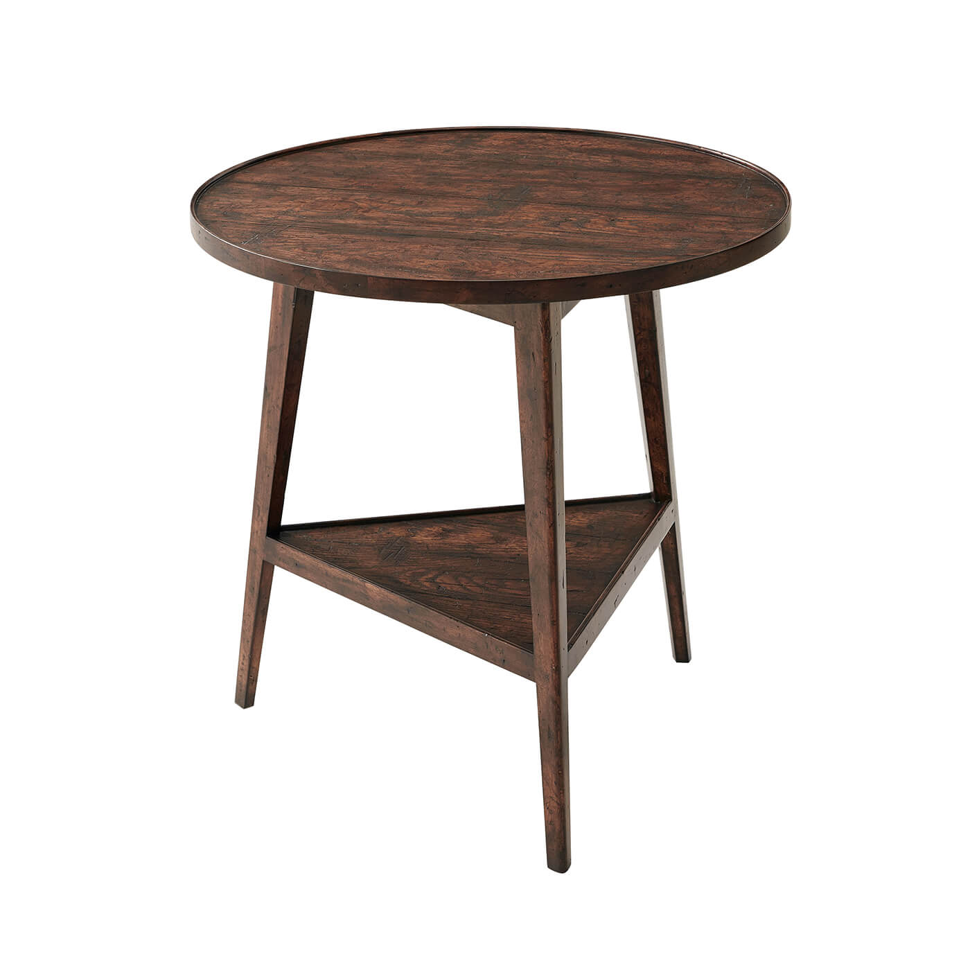 Round wooden cricket table with angled legs, front view.