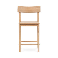 Front view of the light oak counter stool with a curved backrest and open rectangular back
