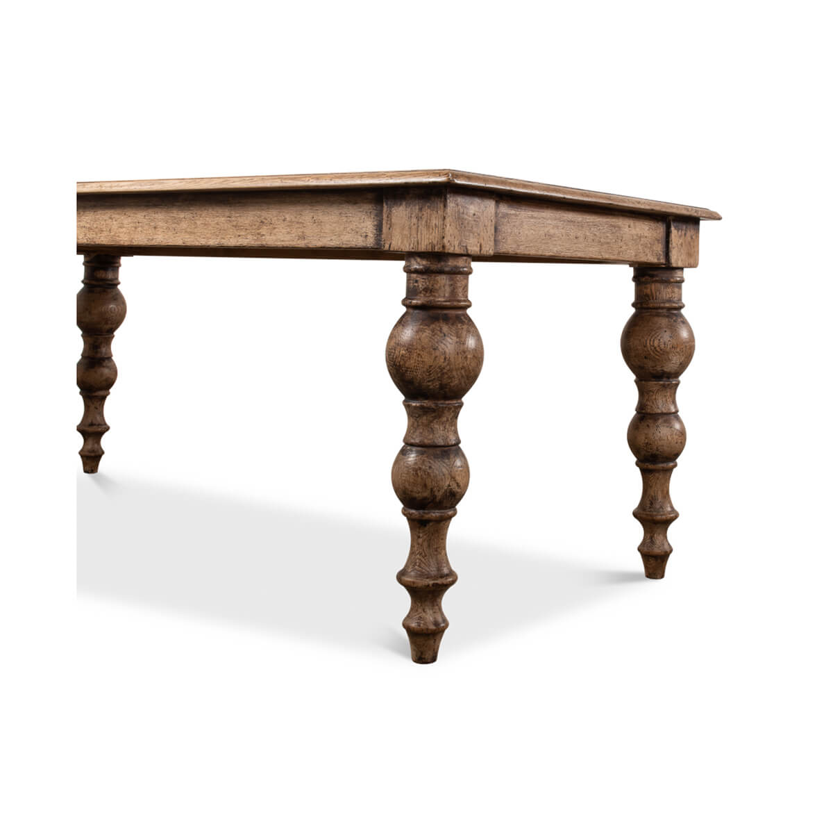 Side view of oak farmhouse table legs.