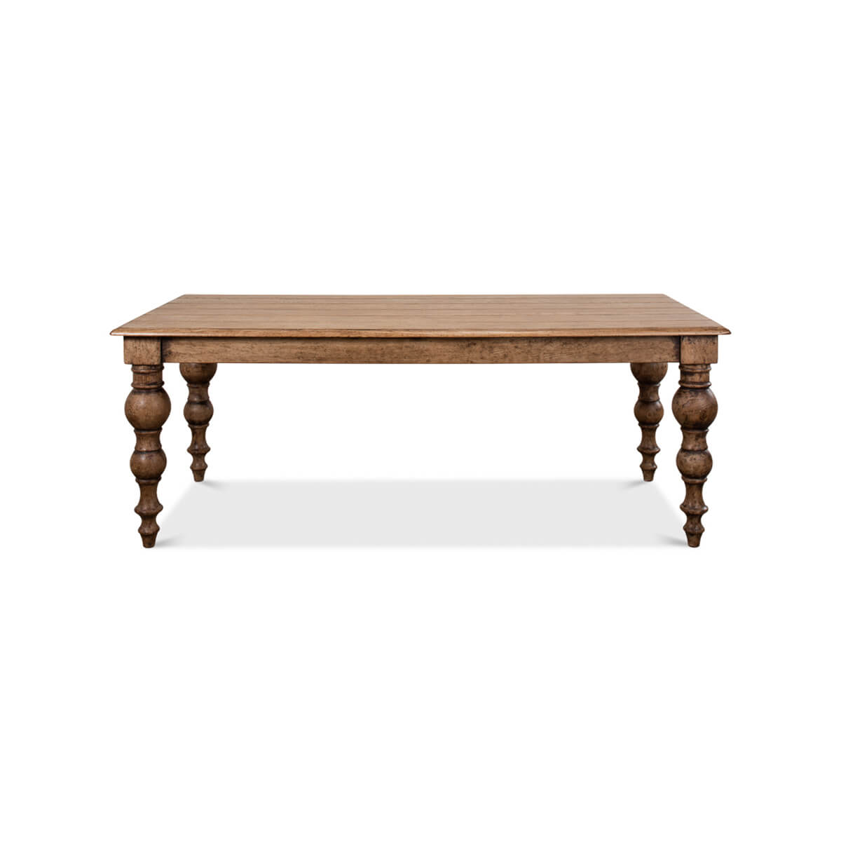 Front view of oak farmhouse dining table.