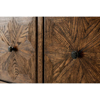 Close-up, decorative detail, oak four door buffet knobs.
