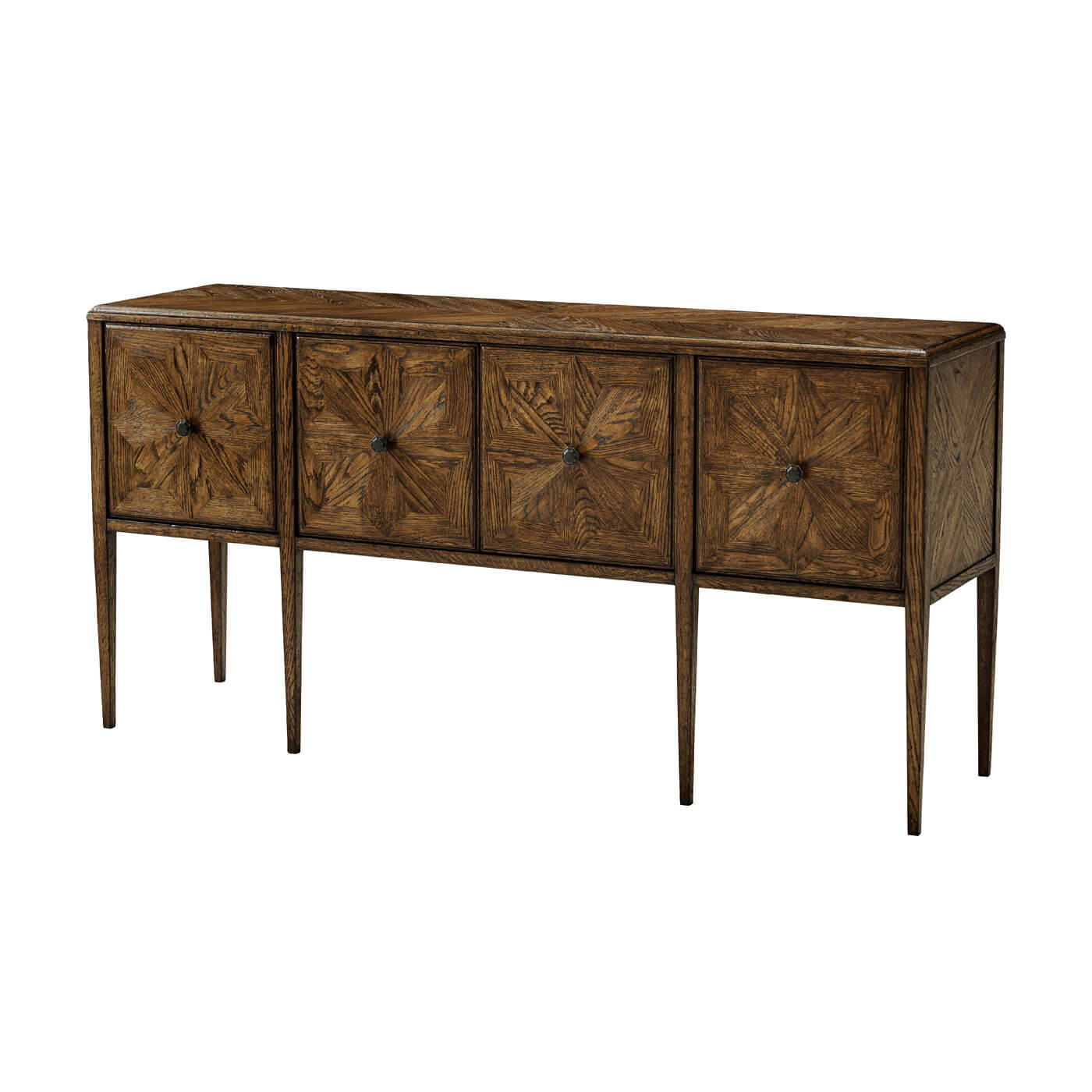 Angled view, oak four door buffet, decorative pattern.